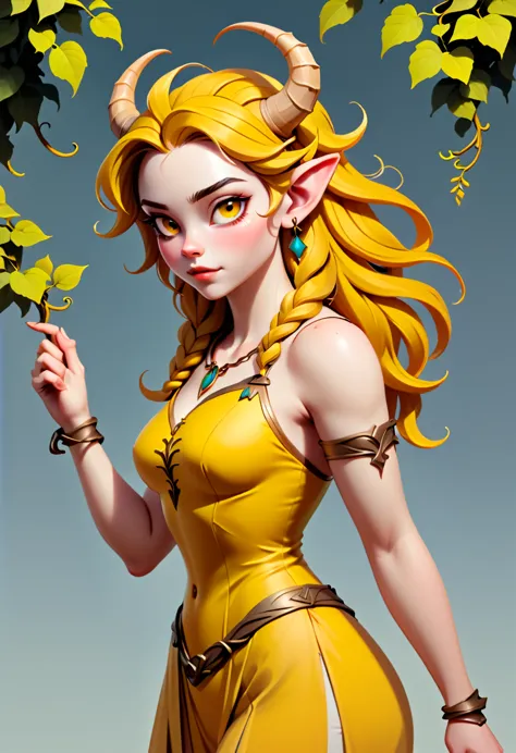 simple style, valorant style,((character concept art)),  yellow medieval summer girl, concept, vines on the hand and horns from ...