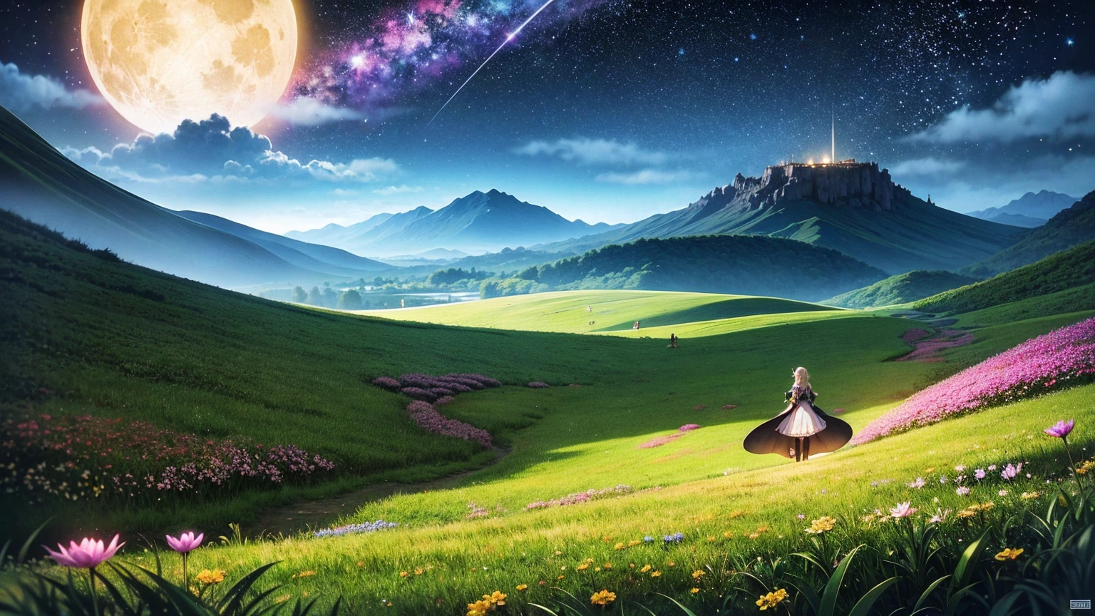 A 16:9 anime-style illustration depicting a female elf adventurer traveling through a fantastical grassland at night. The elf is dressed in elegant, fantasy attire, including a cloak and light armor, and is carrying a bow and quiver of arrows. She is walking along a path illuminated by the moon and stars, creating a magical glow. The grassland is filled with glowing flowers, fireflies, and distant mountains under the night sky. The atmosphere is serene and full of mystery, highlighting the elf's journey through the enchanting landscape.