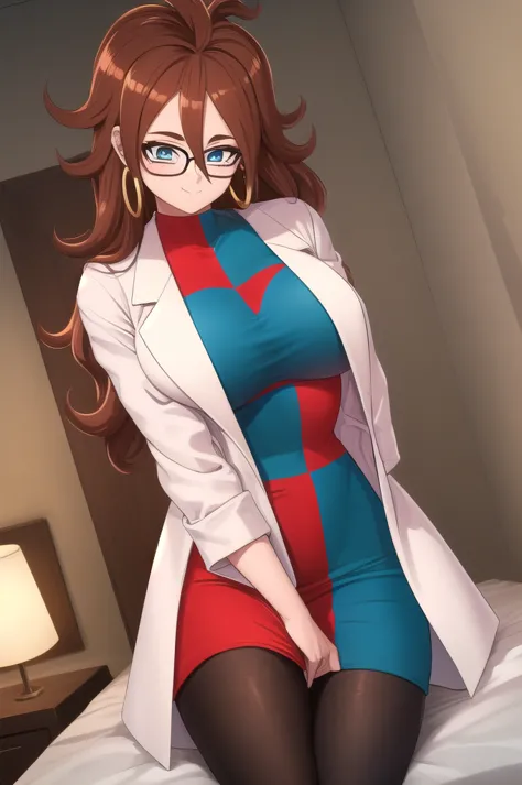 android21, 1girl, solo, blue eyes, brown hair, long hair, curly hair, hair between eyes, jewelry, hoop earrings, glasses,
checke...