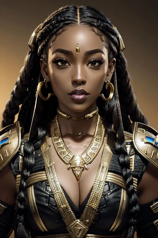 femme africaine, femme noire, à la fin de la vingtaine, méchaarmure, SSAHC, cheveux tressés, Anneau à lèvre, Collier en or, fond cyberpunk, visage visible