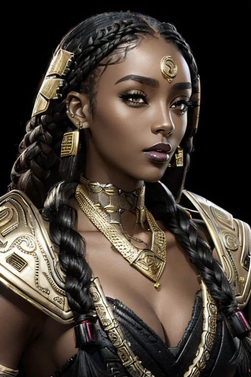 femme africaine, femme noire, à la fin de la vingtaine, méchaarmure, SSAHC, cheveux tressés, Anneau à lèvre, Collier en or, fond cyberpunk, visage visible