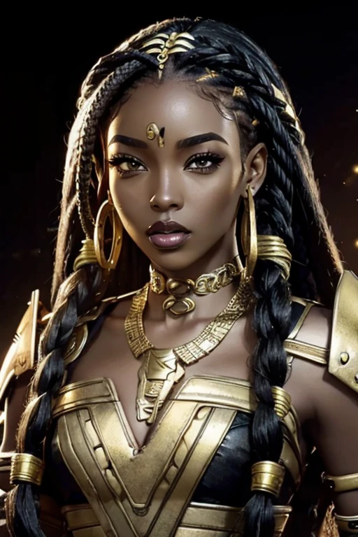 African Woman, Black Woman, In Her late twenties, mechaarmor, ssahc, Braided hair, lip ring, gold necklace, Cyberpunk background, visible face