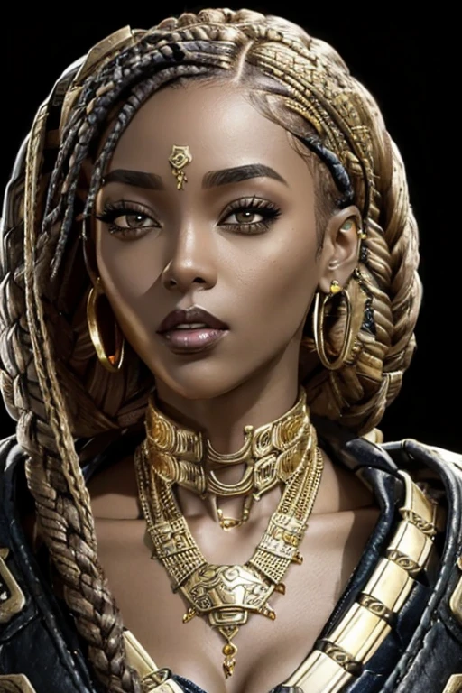 femme africaine, femme noire, à la fin de la vingtaine, méchaarmure, SSAHC, cheveux tressés, Anneau à lèvre, Collier en or, fond cyberpunk, visage visible