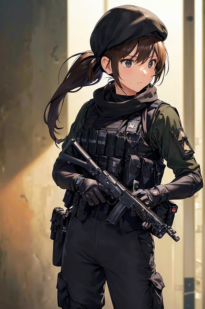 (((masterpiece; best quality: 1.2))), (finely detailed eyes: 1.3), (25 year old woman), (solo), (black eyes: 1.4), (body; toned, fit, soldier: 1.3), (silky brown hair + ponytail: 1.3), (beautiful and clear background: 1.2), ((depth of field)), (equipment: spec ops full black tactical combat-ready gear + kevlar vest + black tactical shirt + black tactical cargo pants + black gloves + black baseball cap + pouches: 1.3), (anime illustration: 1.2), (background composition; military base office: 1.1), (extremely fine and beautiful: 1.1), (shot composition; standing + centered on torso + close-up: 1.5), (expression; calm, stoic: 1.2)