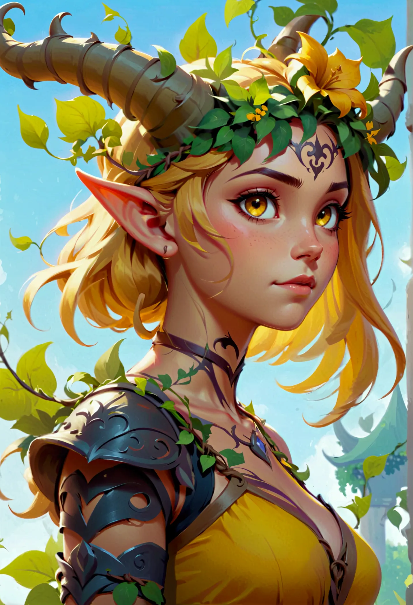simple style, valorant style,haracter concept art,  yellow medieval summer girl, concept, vines on the hand and horns from vines...