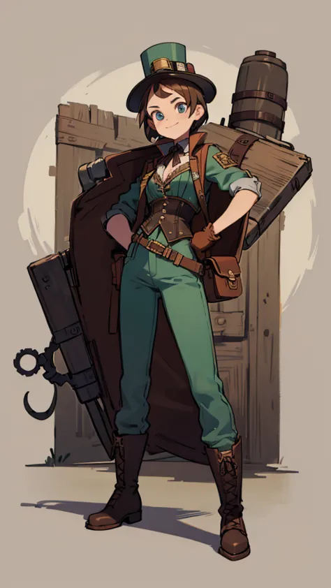 1.steampunk,15 years old,,goggles on the forehead,a fake smile,gloves,whole body,boots,pants,hat