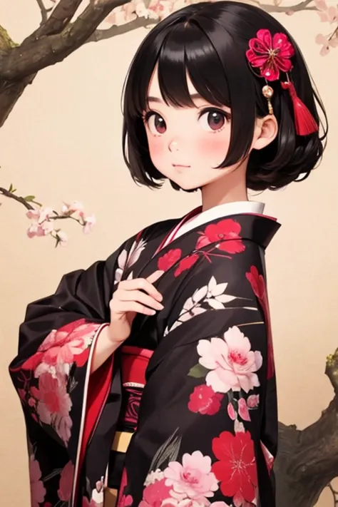 there is nothing, Highest quality, Japanese girl, 10 years old，cute girl， ，Black hair straight，evil girl，Cute kimono