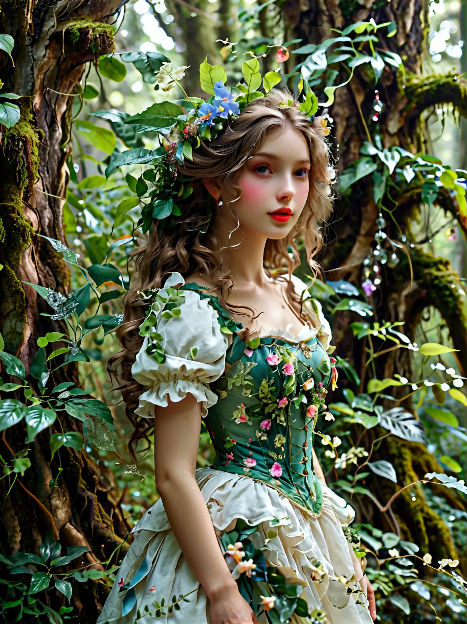 A fantasy creature with feminine qualities standing in a mysterious forest，She has lush hair，Charming eyes，(Both eyes look at yo...
