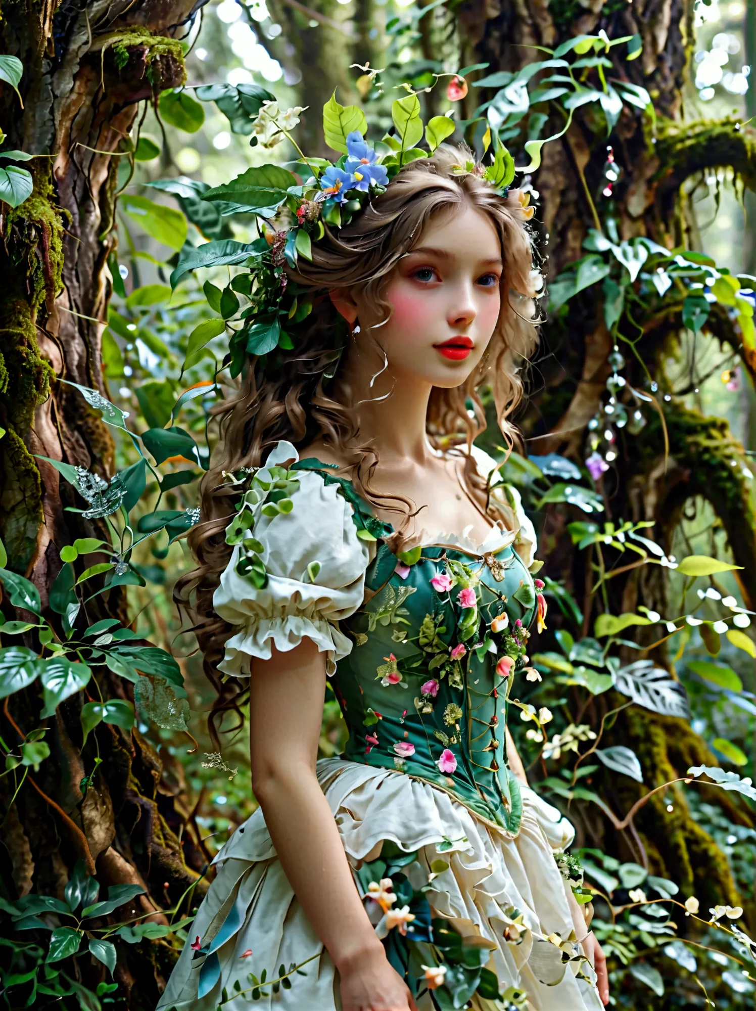 a fantasy creature with feminine qualities standing in a mysterious forest，she has lush hair，charming eyes，(both eyes look at yo...