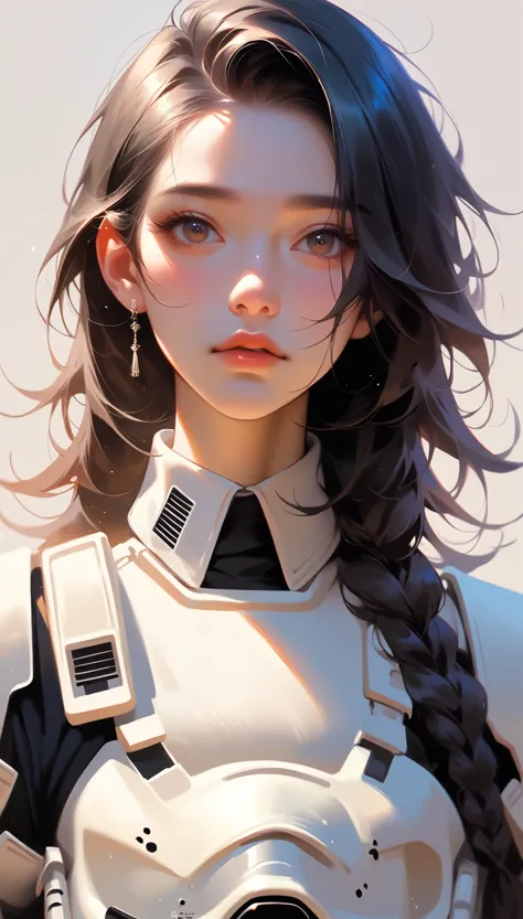 stormtrooper、asian、20-year-old、woman、black hair、upper body、simple background、