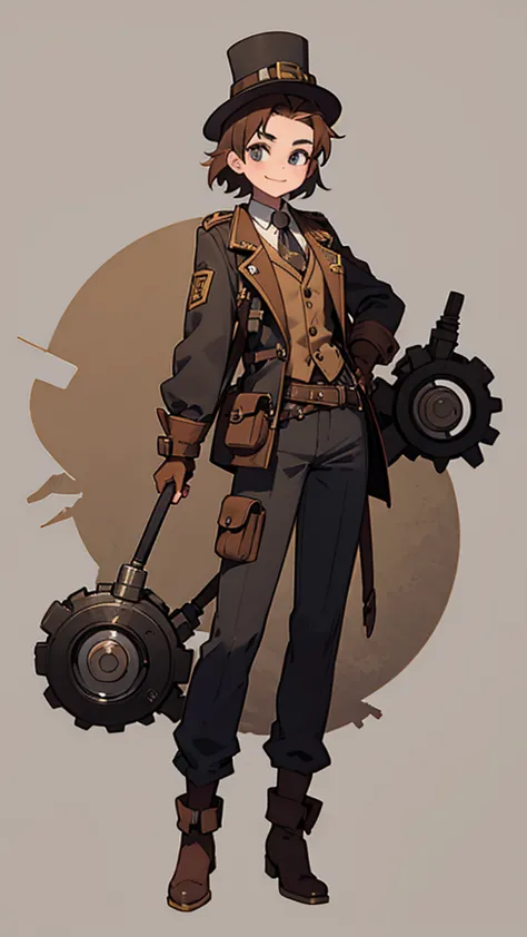 1.steampunk,15 years old,,goggles on the forehead,a fake smile,gloves,whole body,boots,pants,hat