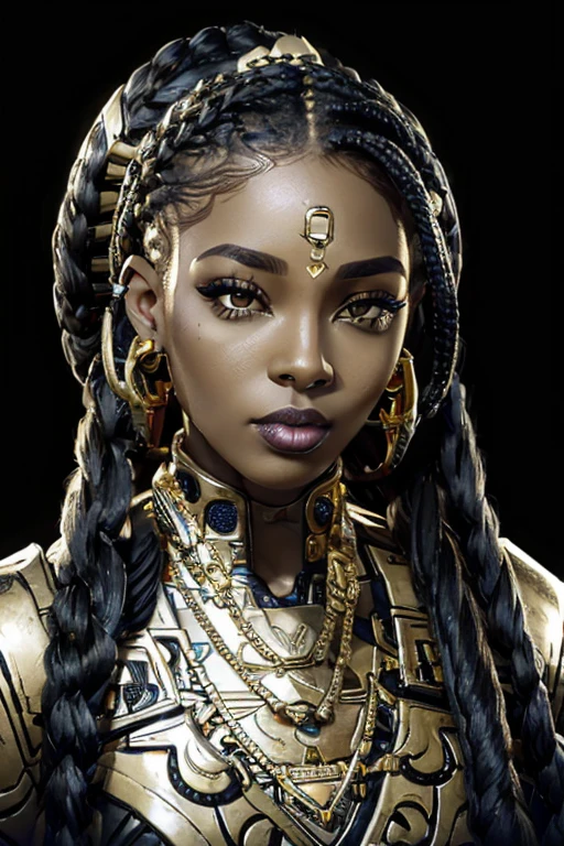 African Woman, Black Woman, In Her late twenties, mechaarmor, ssahc, Braided hair, lip ring piercing, gold necklace, Cyberpunk background, visible face, black and gold armor, nose ring piercing, piercings