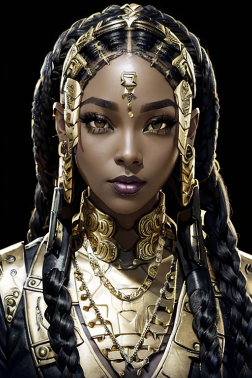 African Woman, Black Woman, In Her late twenties, mechaarmor, ssahc, Braided hair, lip ring piercing, gold necklace, Cyberpunk background, visible face, black and gold armor, nose ring piercing, piercings