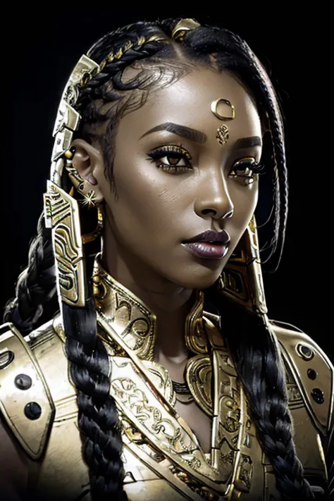African Woman, Black Woman, In Her late twenties, mechaarmor, ssahc, Braided hair, lip ring piercing, gold necklace, Cyberpunk b...