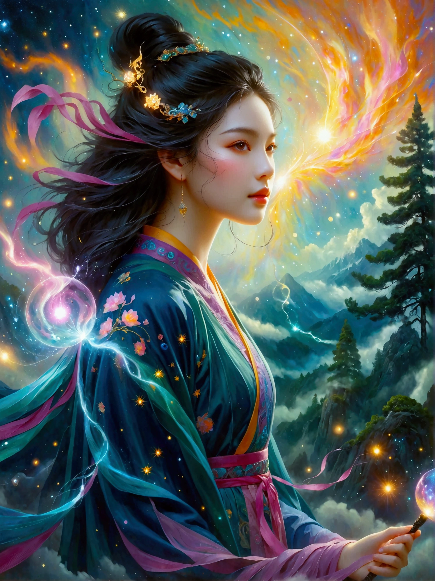 An imaginative scene depicting a youthful female sorceress of East Asian descent, named My. She is powerfully invoking magical spells with her eyes sparkling with arcane energy. Her enchantments are birthing a fresh, ethereal realm. The realm manifests as an intricate spectacle of galaxies, forests, mountains, oceans and cities, radiating with mystic colors. Her robe is flowing with the wind and symbols of enchantment are glowing on her staff's surface. The whole scene is imbued with a fantastical, otherworldly essence.