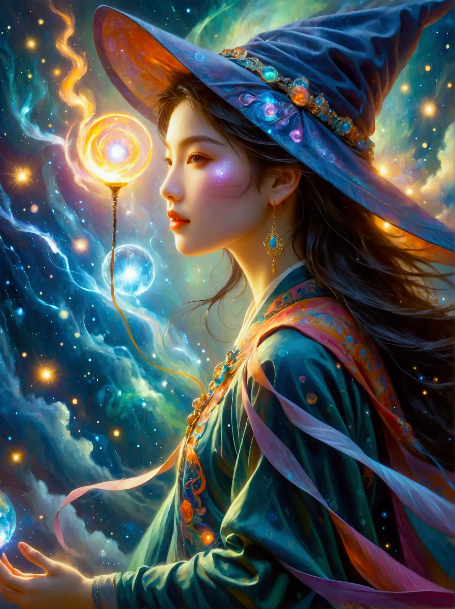 An imaginative scene depicting a youthful female sorceress of East Asian descent, named My. She is powerfully invoking magical spells with her eyes sparkling with arcane energy. Her enchantments are birthing a fresh, ethereal realm. The realm manifests as ...