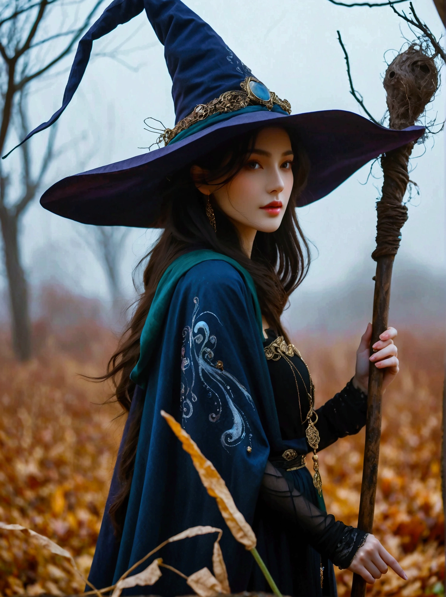 A central perspective shot of a Middle-Eastern female witch donned in a long, flowing cloak of deep hues. Her hair is hidden under a tall, pointed hat adorned with enchanting symbols. In her hands, she holds an old, gnarled wooden staff, emanating an eerie glow at its tip. Around her, the scene is a murky twilight, with faint, misty tendrils of fog swirling at her feet. Further in the background, a desolate landscape with leafless trees and an eerie moon looming in the sky.