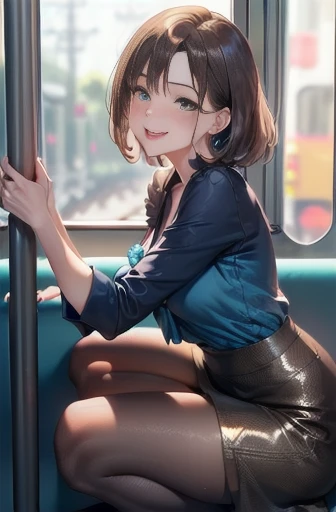 ((The mature woman is wearing a bright blue blouse:1.5)))((Wearing a long black skirt))((From an angle where you can see the whole body)))(((Crouching on the train))((She is facing the viewer with her legs spread in an M-shape)))、((Red panties are clearly visible))、((Smiling shyly:))Sexy brown woman１people、Highest quality、超High resolution、High resolution、Detailed CG、8k wallpaper、20-year-old、Detailed and beautiful、(Brown and shiny body、:1.5)、Embarrassed、(A dreamy face:1.5)、(The shape of your lips when kissing with your tongue out)、Full of embarrassment、