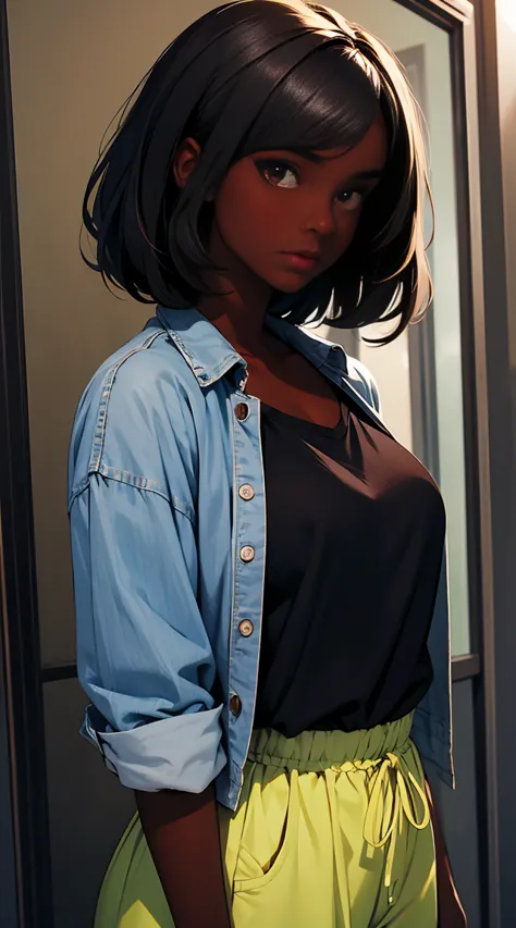 Upper body shot, ((beautiful black woman with flawless dark skin)),short length brown hair, side bangs, ebony skin, casual brigh...