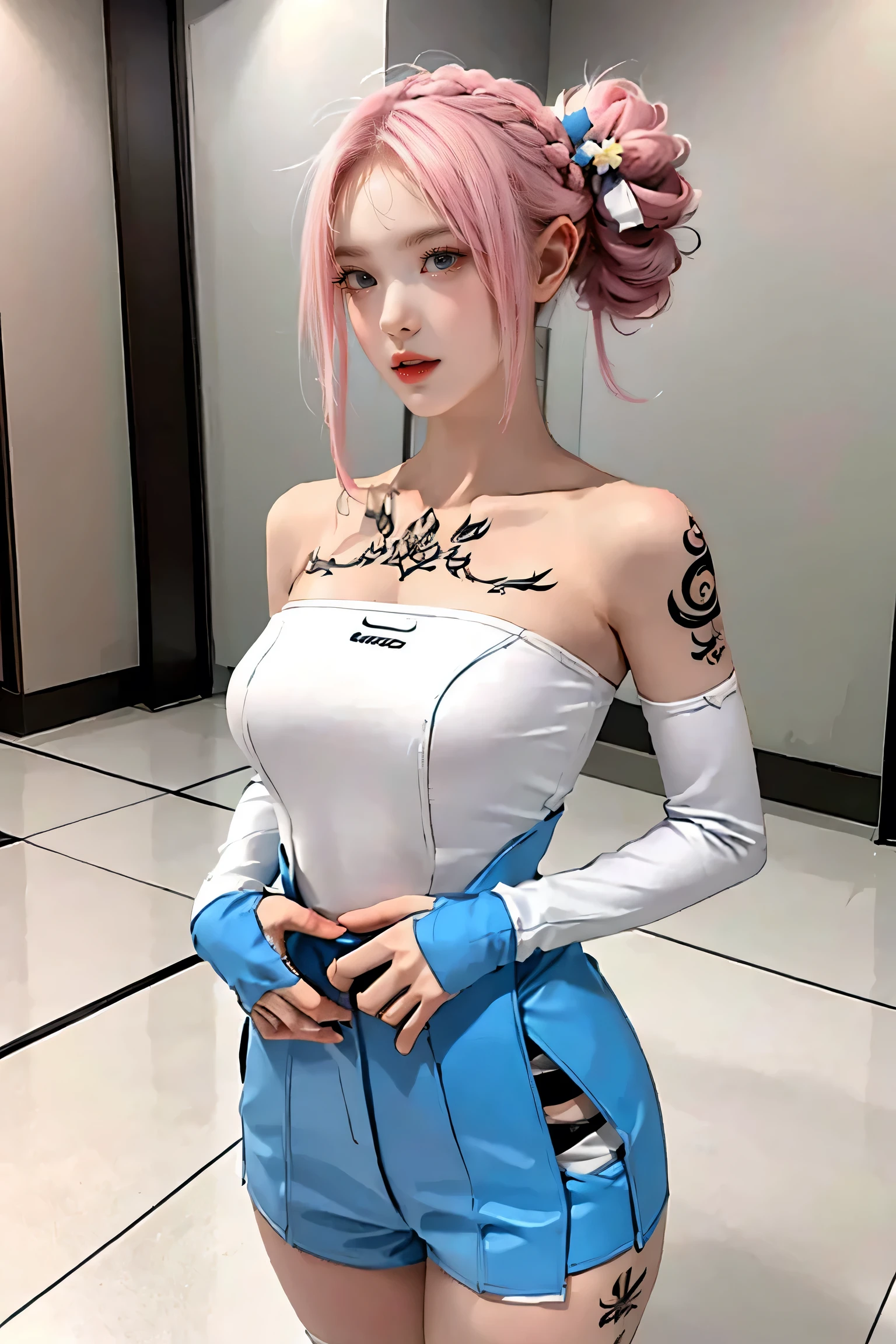 (Chest puffing pose),(Random Hairstyles),(Best image quality,(8K),Ultra-realistic,最high quality, high quality, High resolution, high quality,Attention to detail,Beautiful details,Fine details,Extremely detailed CG,Detailed Texture,Realistic facial expressions,masterpiece,in front),Bodysuits,stockings,Pink Hair, ,, (((Tight waist))), ((Big Breasts)),(See-through),(((He has many tattoos all over his body)),