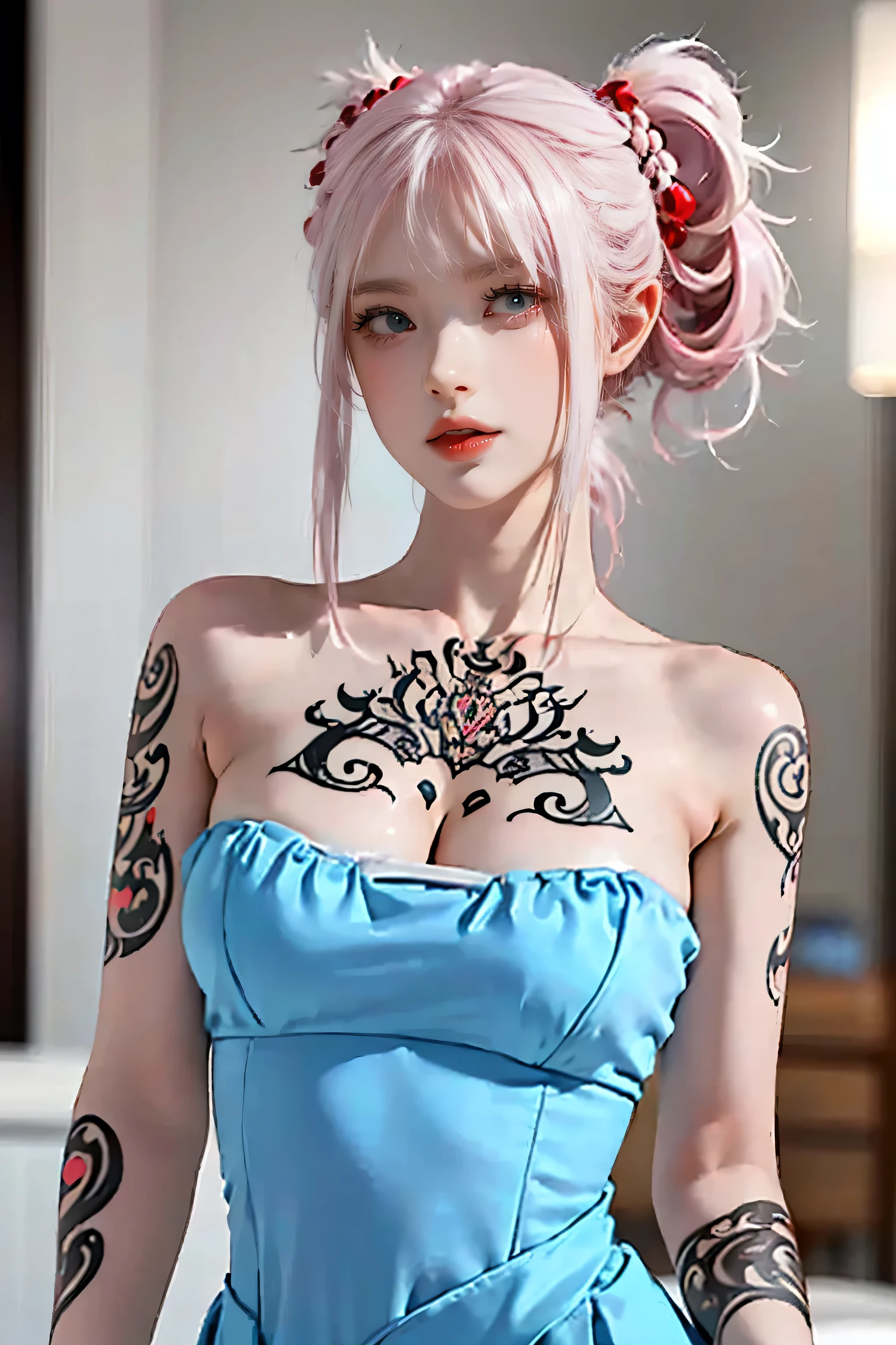 (Chest puffing pose),(Random Hairstyles),(Best image quality,(8K),Ultra-realistic,最high quality, high quality, High resolution, high quality,Attention to detail, White-pink hair, blue eyes, Red dress,(((Tight waist))), ((Big Breasts)),(See-through),(((He has many tattoos all over his body)),