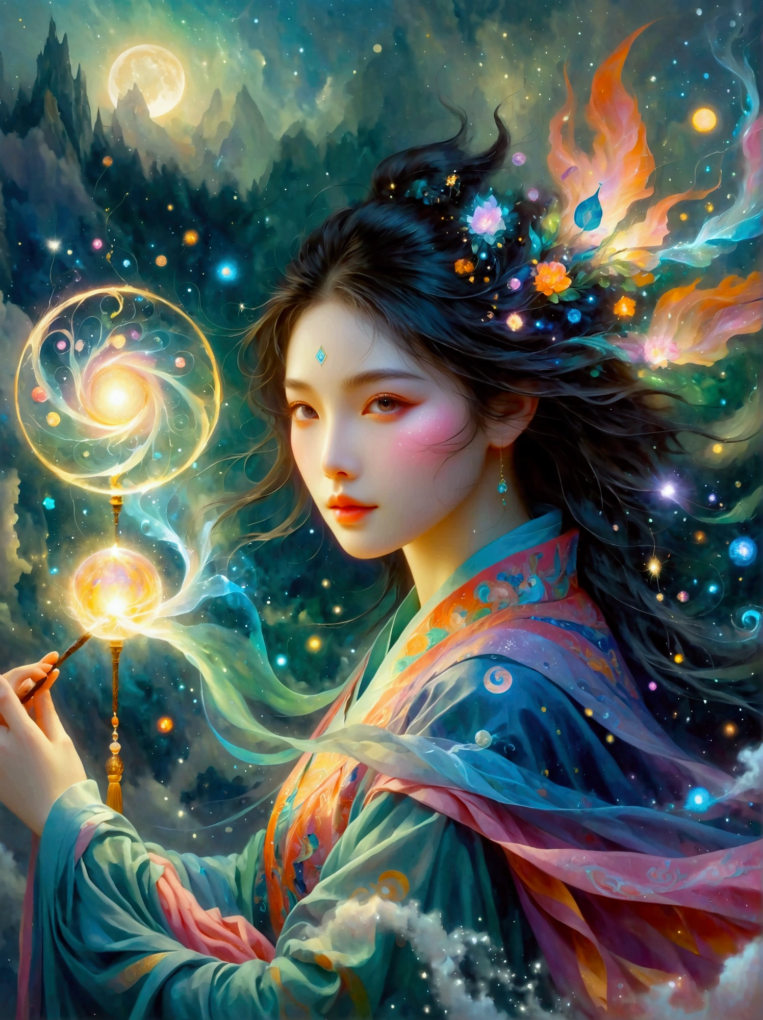 An imaginative scene depicting a youthful female sorceress of East Asian descent, named My, She is powerfully invoking magical spells with her eyes sparkling with arcane energy, Her enchantments are birthing a fresh, ethereal realm, The realm manifests as an intricate spectacle of galaxies, forests, mountains, oceans and cities, radiating with mystic colors. Her robe is flowing with the wind and symbols of enchantment are glowing on her staff's surface, The whole scene is imbued with a fantastical, otherworldly essence，(Both eyes look at you:1.5), ((Front view))，((front))，