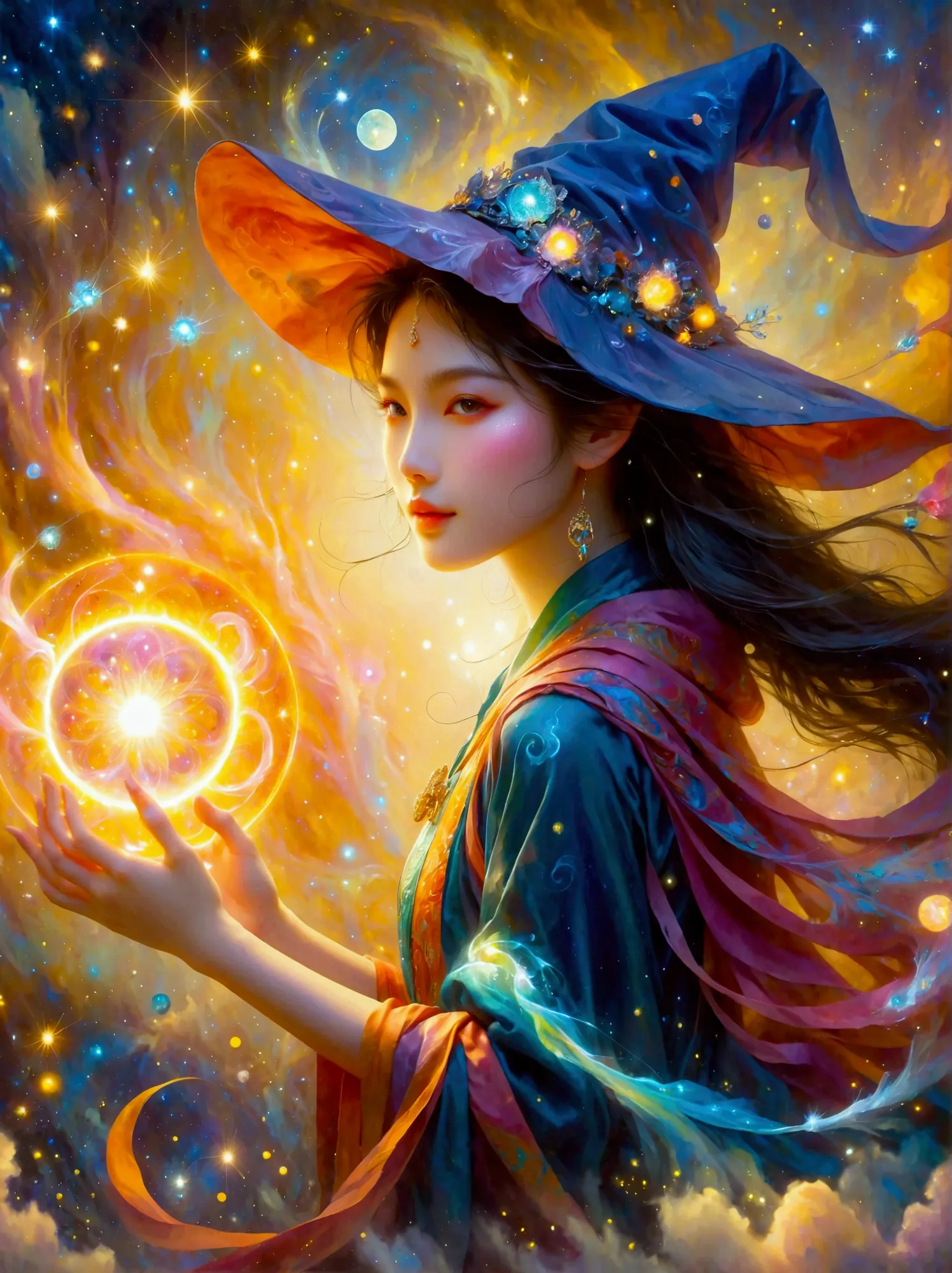 An imaginative scene depicting a youthful female sorceress of East Asian descent, named My, She is powerfully invoking magical s...