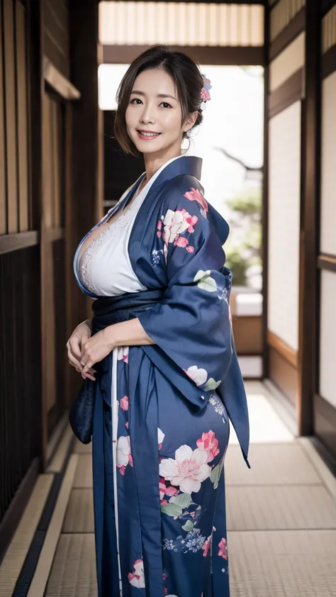 Mature charming sexy woman,50 years old, ((kimono)),blue、(((kimono))),closure,((Large Breasts:1.2)),(Facial wrinkles:1.3),Light ...