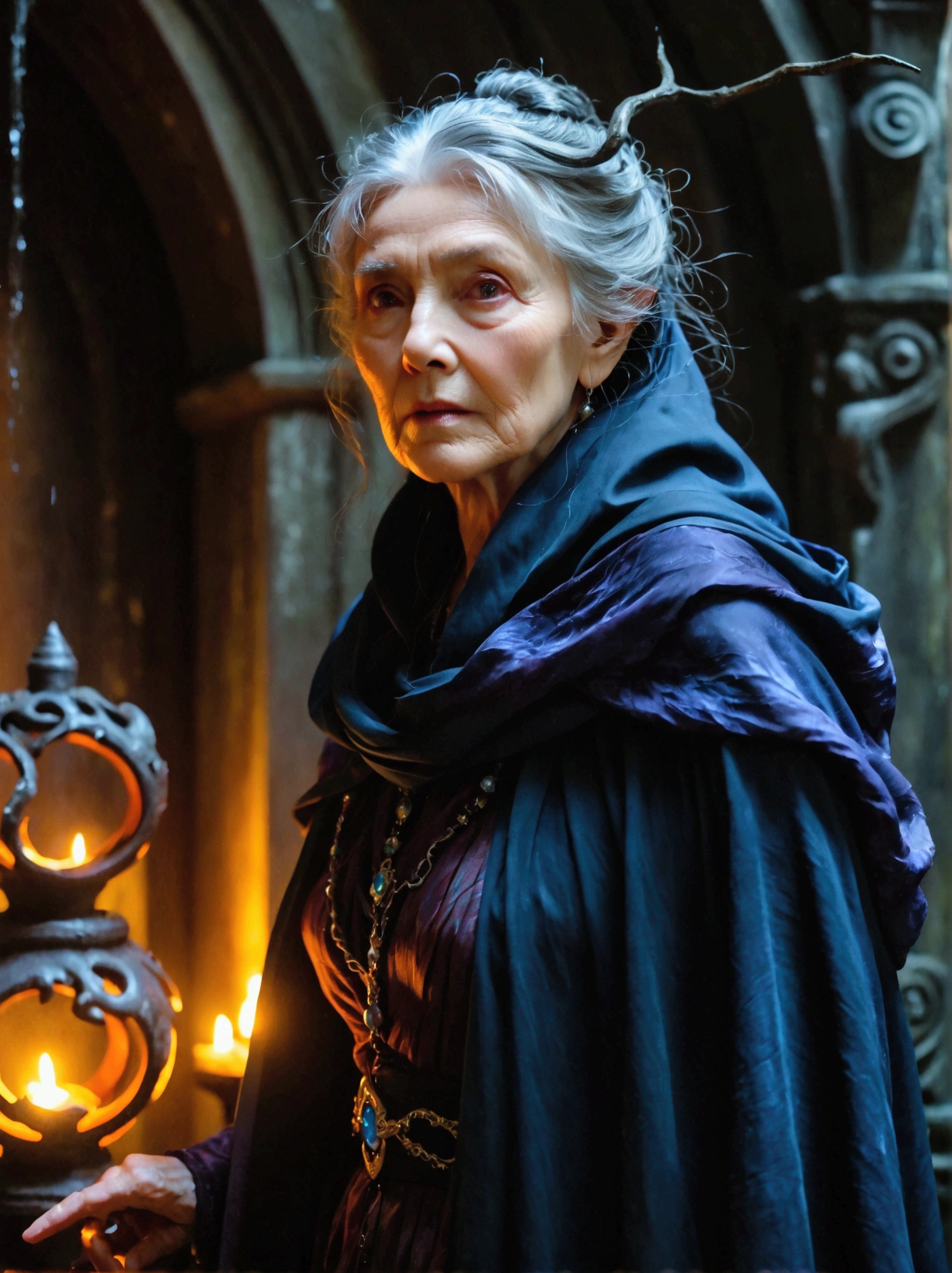 Visualize a scene with an aged female sorceress as the main character. She has an ominous aura around her, hinting at her malevolent inclinations. She's seen from the front, revealing her wrinkled, weather-beaten face, stringy hair, and a cloak draped over her frail shoulders. In her hands, she clutches a gnarled staff. Her eyes, though old, flicker with a mischievous glint that suggests her wicked intentions. She stands in a gloomy setting, possibly her lair, surrounded by various obscure objects symbolizing her arcane arts.