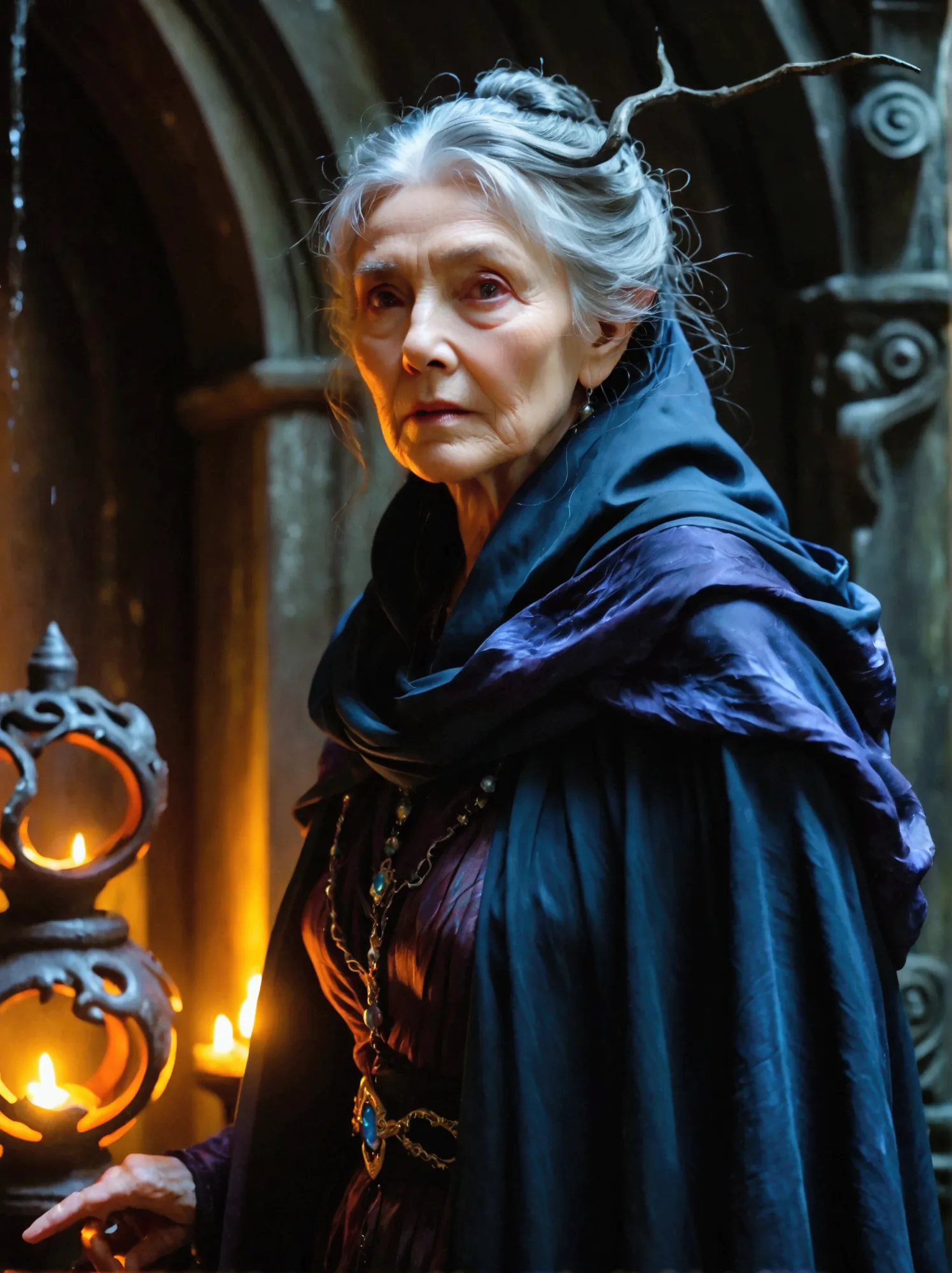 visualize a scene with an aged female sorceress as the main character. she has an ominous aura around her, hinting at her malevo...