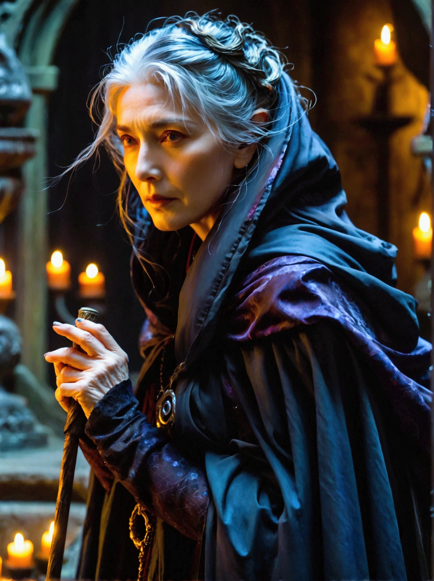 Visualize a scene with an aged female sorceress as the main character. She has an ominous aura around her, hinting at her malevolent inclinations. She's seen from the front, revealing her wrinkled, weather-beaten face, stringy hair, and a cloak draped over her frail shoulders. In her hands, she clutches a gnarled staff. Her eyes, though old, flicker with a mischievous glint that suggests her wicked intentions. She stands in a gloomy setting, possibly her lair, surrounded by various obscure objects symbolizing her arcane arts.