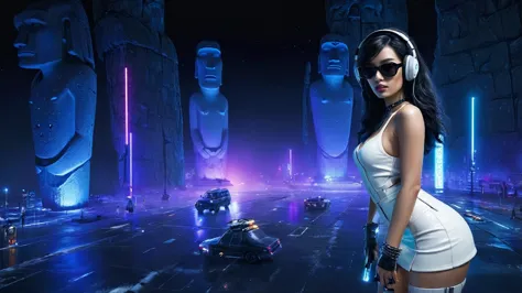 at night, dark sky, distant shot aerial view of fantasy cyberpunk style ice ((moai-statue)) city, ((flying car)). ((1girl, solo,...