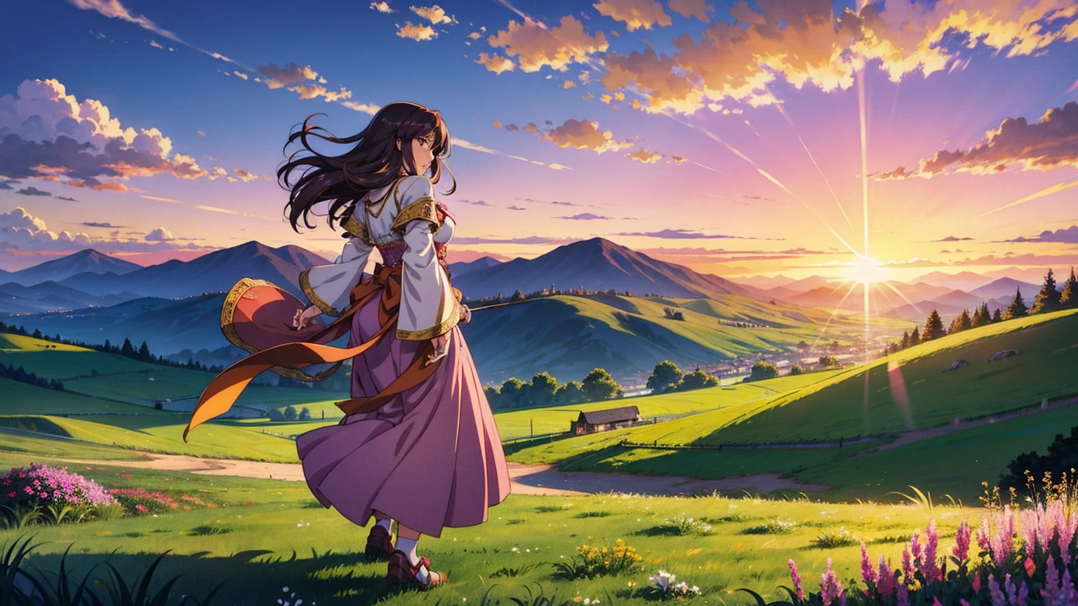 A 16:9 anime-style illustration depicting a female bard on her journey at sunset. The bard is dressed in flowing, colorful attire, with a musical instrument, such as a lute or harp, slung over her back. She is walking along a path through a vast grassland, with the warm glow of the setting sun casting long shadows. The wind is gently blowing, causing her hair and clothes to flutter. The background features rolling hills, distant mountains, and a sky painted with vibrant hues of orange, pink, and purple. The atmosphere is serene and full of adventure.