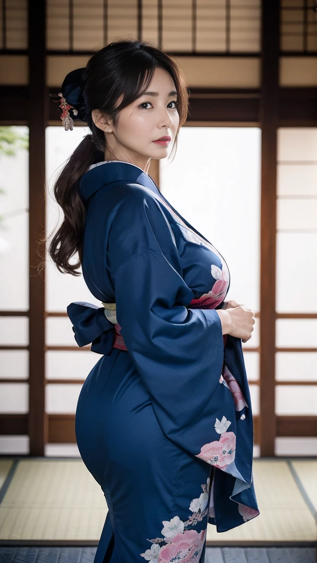 Mature charming sexy woman,50 years old, ((kimono)),blue、(((kimono))),closure,((Large Breasts:1.2)),(Facial wrinkles:1.3),Light makeup,Light brown hair,Long hair,(Full body photography:0.85),(Emphasize the big buttocks),8K, original photo, best quality, masterpiece,best quality、Audience&#39;s Eyes、Feel free to hairstyle、Japanese-style room、Shoji screen、lantern、Front of face，angry