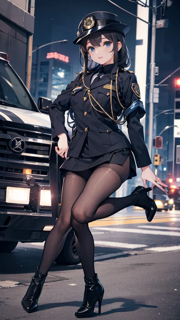 ，girl，Police Uniform，Tight Police Uniform，Hip skirt，Black silk tights，Black silk tights，Tight tights，high-heel boots，boots，Police hat，Police hat，Police badge，City background，Outdoor Background，Street background