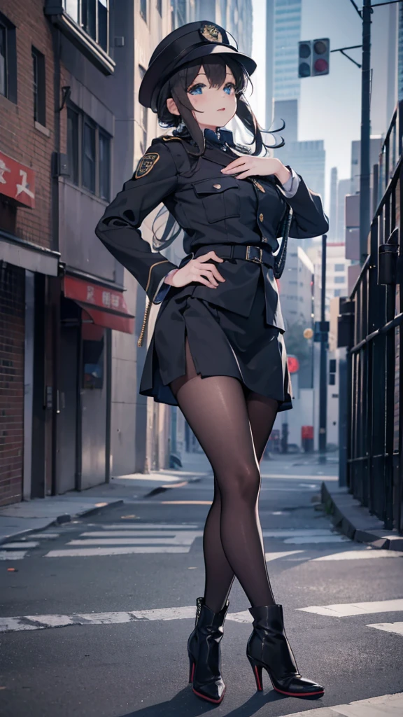 ，girl，Police Uniform，Tight Police Uniform，Hip skirt，Black silk tights，Black silk tights，Tight tights，high-heel boots，boots，Police hat，Police hat，Police badge，City background，Outdoor Background，Street background