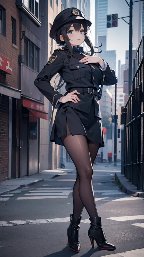 ，girl，Police Uniform，紧身Police Uniform，Hip skirt，Black silk tights，Black silk tights，Tight tights，high-heel boots，boots，Police ha...