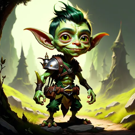 goblin  age: equivalent to a 4-year-old human boy

appearance: tiny with olive-green skin and dark green hair often