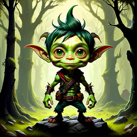 goblin  Age: Equivalent to a 4-year-old human boy

Appearance: Tiny with olive-green skin and dark green hair often 