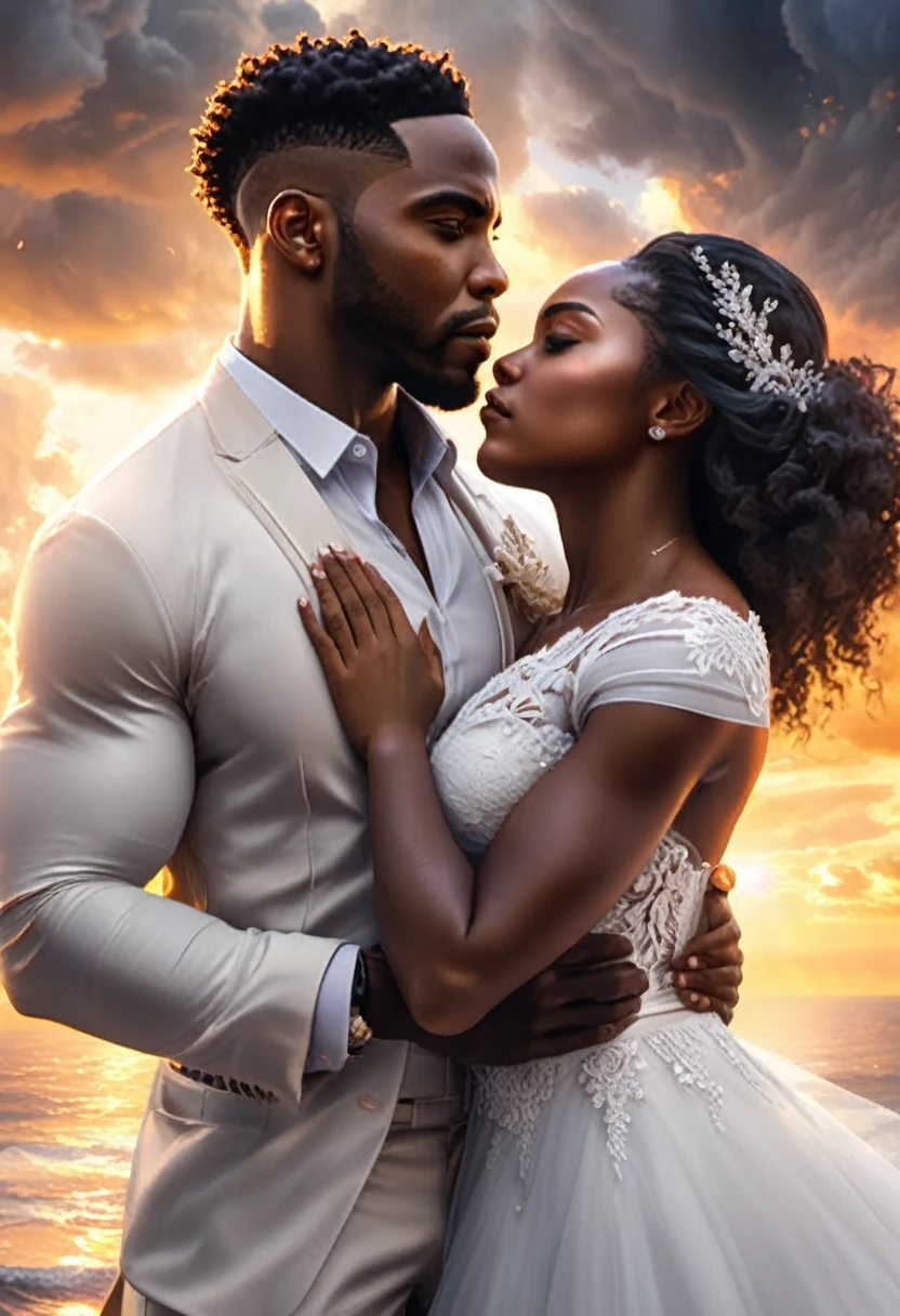 A dual wedding portrait separated by images representing each character. "Image 1"of a black man dark clouds and darkness surrounding him while "Image 2" sunrise and vibrant light surround the black woman, 32k, ultra HD, unreal engine rendered 