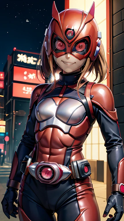 (8K),(obra maestra),(japonés),( chica),((mirada inocente)),((Infantil)),desde el frente,sonrisa,lindo,inocente,ojos amables,pecho plano, Tsunade,Kamen Rider,Casco rojo,pink superhero mask,Camisa,sin cabello,Noche,dark, Luz de neón cyberpunk pueblo de Konoha