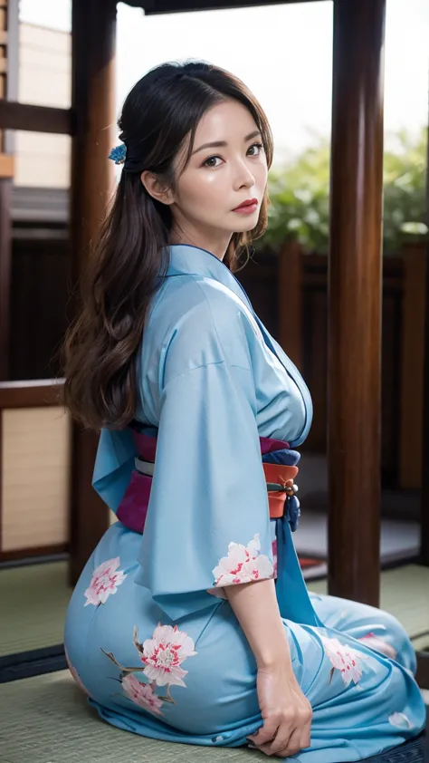 Mature charming sexy woman,50 years old, ((kimono)),blue、(((kimono))),closure,,(Facial wrinkles:1.3),Light makeup,Light brown ha...