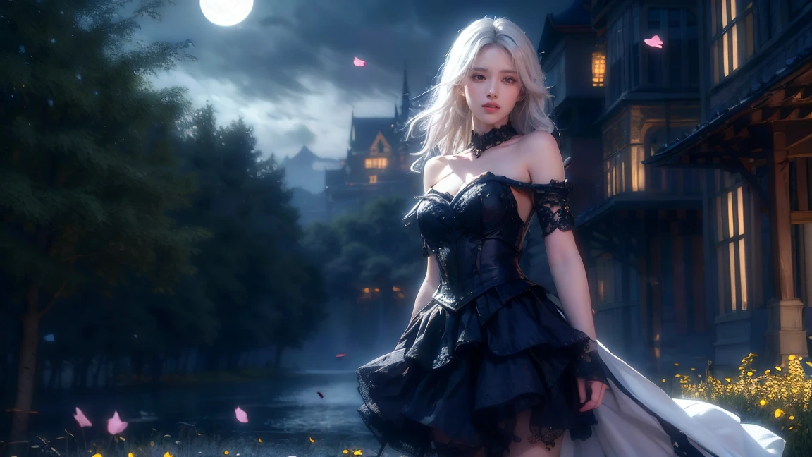 masterpiece, best quality, 1girl, (colorful),(finely detailed beautiful eyes and detailed face),cinematic lighting, bust shot, extremely detailed CG unity 8k wallpaper, white hair, solo, smile, intricate skirt,((flying petal)),(Flowery meadow) sky, cloudy sky, building, moonlight, moon, night, (dark theme:1.3), light, fantasy,