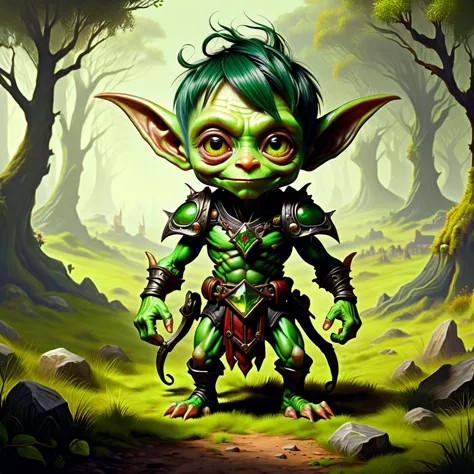 goblin human cross  Age: 4 year old

Appearance: Tiny with olive-green skin and dark green hair often 