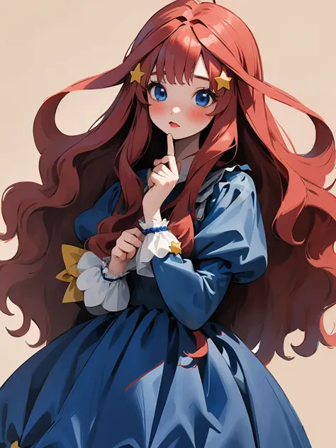 ((masterpiece, best quality:1.2), 1 girl, alone，red wavy hair，Light fluffy long hair，bow headband，star hairclips, blue eyes, its...