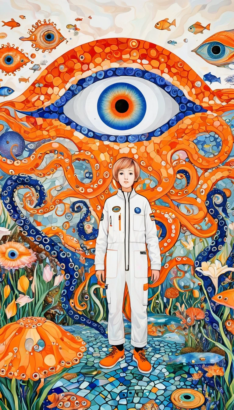 A cloud，、iris、fish、Tentacles、bird、Eye、diatom，Abstract mosaic painting，Describing the inner world of autistic people，Sense of space，White Space，interesting，Innocence，Psychedelic Art，Orange overall