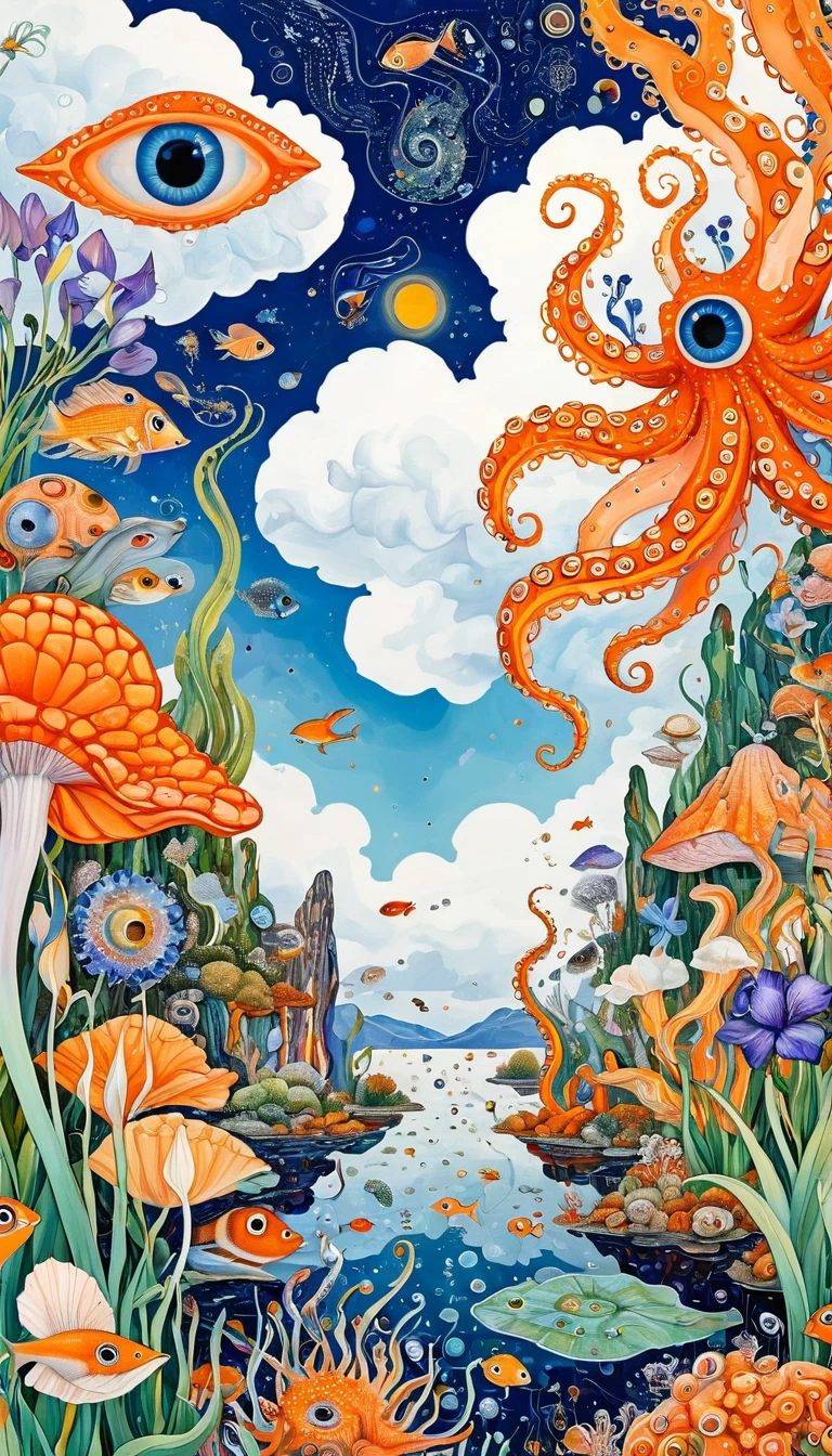 A cloud，、iris、fish、Tentacles、bird、Eye、diatom，Abstract mosaic painting，Describing the inner world of autistic people，Sense of space，White Space，interesting，Innocence，Psychedelic Art，Orange overall