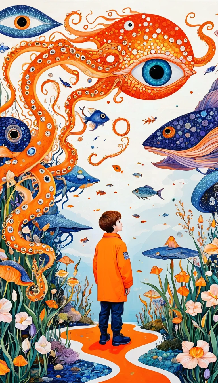 A cloud，、iris、fish、Tentacles、bird、Eye、diatom，Abstract mosaic painting，Describing the inner world of autistic people，Sense of space，White Space，interesting，Innocence，Psychedelic Art，Orange overall