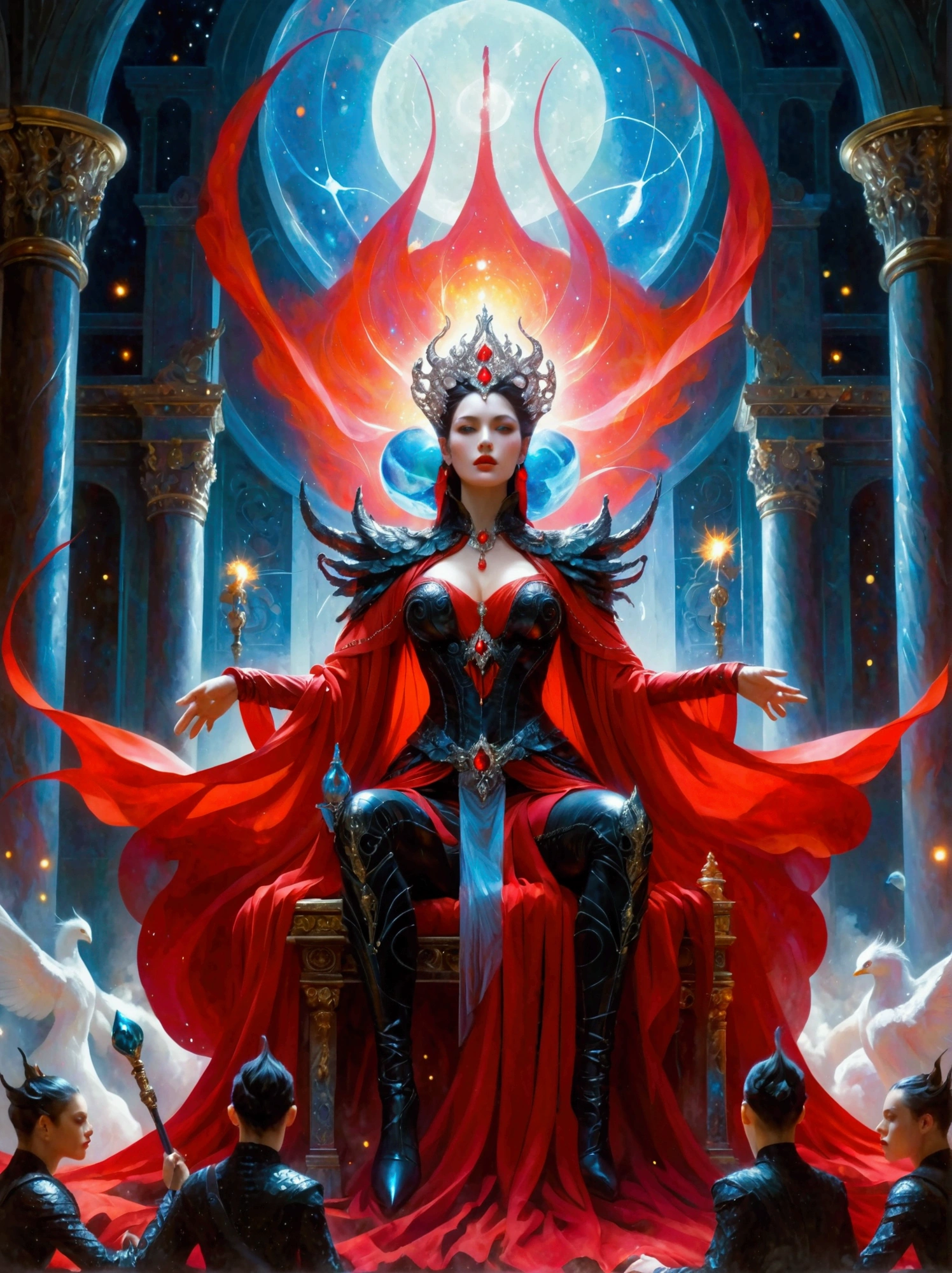 A gigantic mystical sorceress with vibrant red garments holds sway over a dystopian Earth. The relentless figure sits on an enormous throne in a grand hall, surrounded by her influential imagery and countless diminutive figures who kneel in reverence, considering her as their divine ruler.