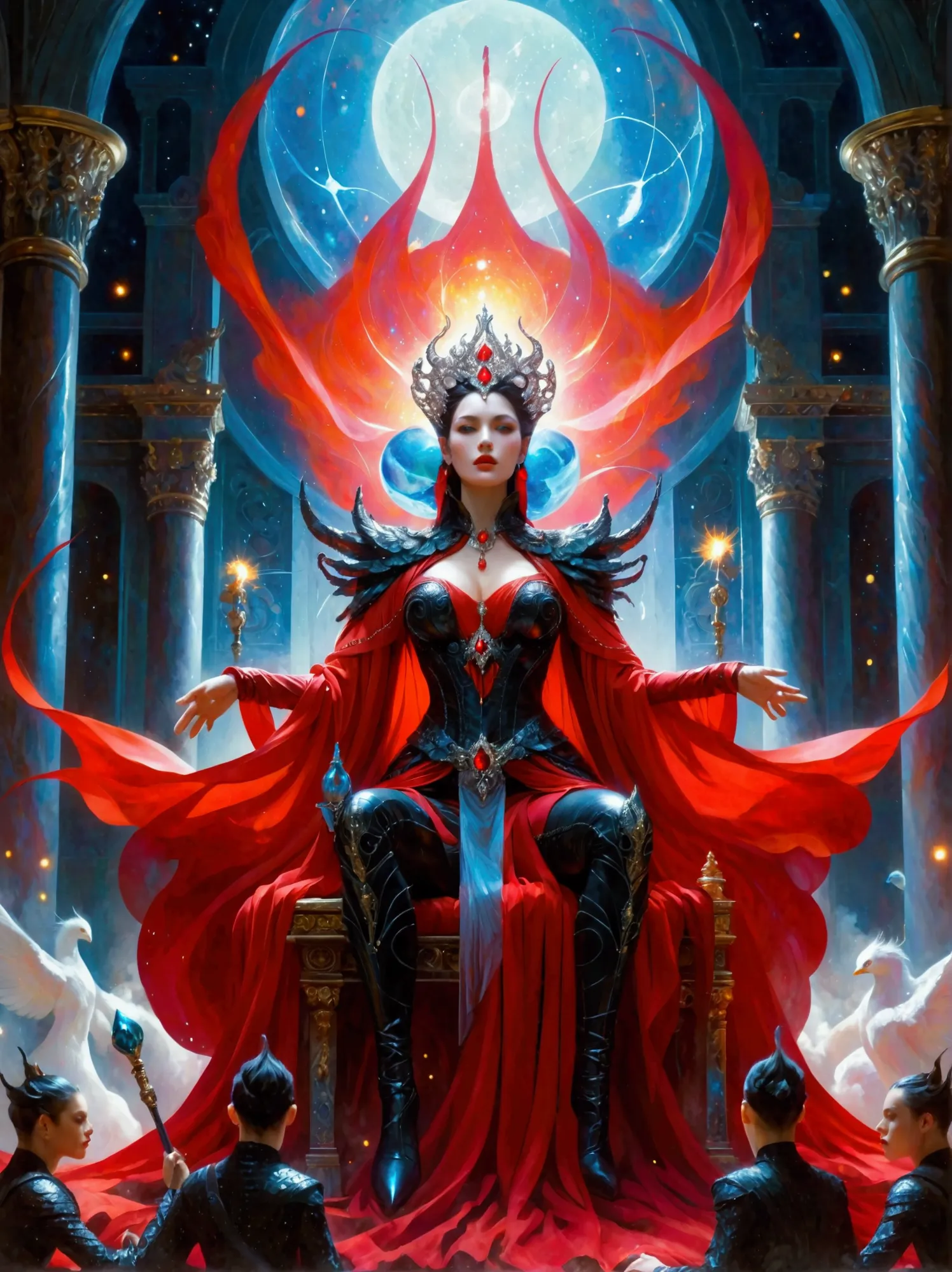 A gigantic mystical sorceress with vibrant red garments holds sway over a dystopian Earth. The relentless figure sits on an enor...